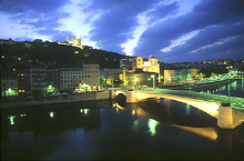 The Saone river, Old Lyon and the hill of Fourviere at night